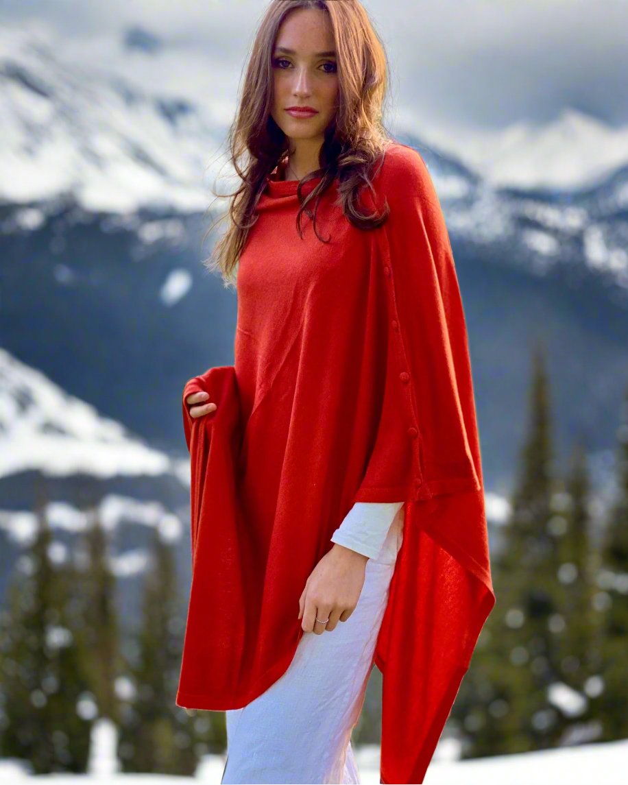 Burnt Orange Cashmere Button Poncho Signature Cashmere