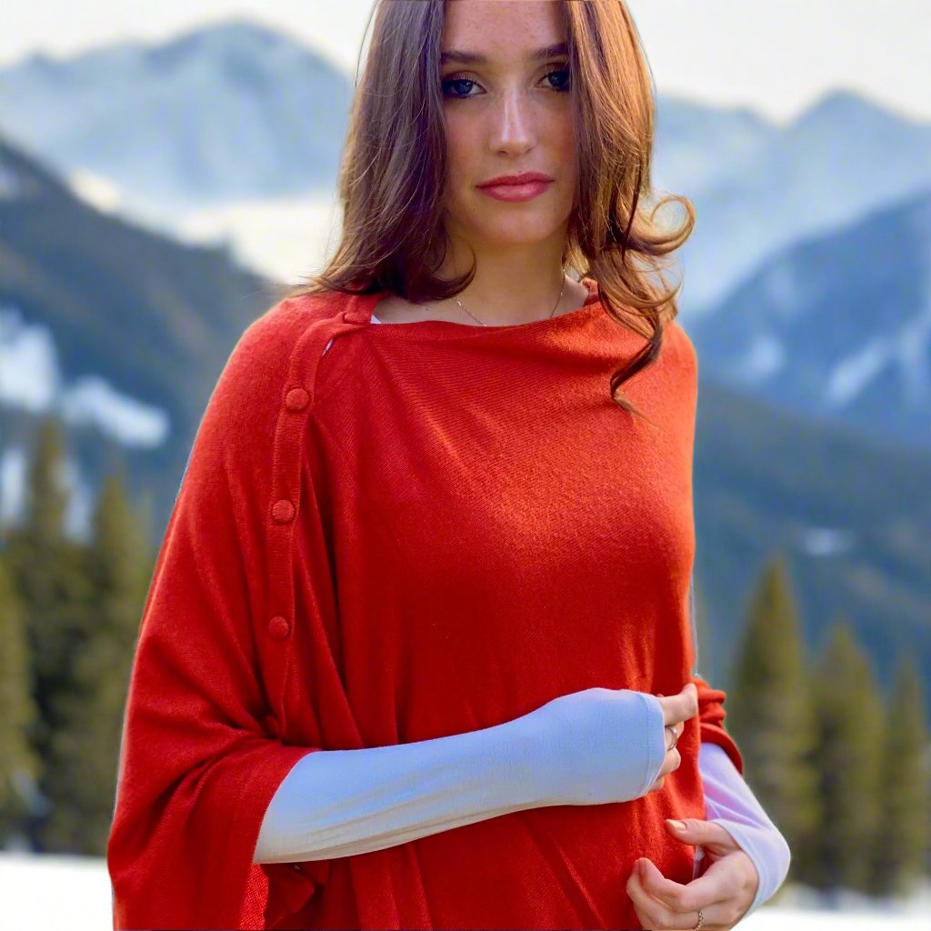 Burnt Orange Cashmere Button Poncho Signature Cashmere