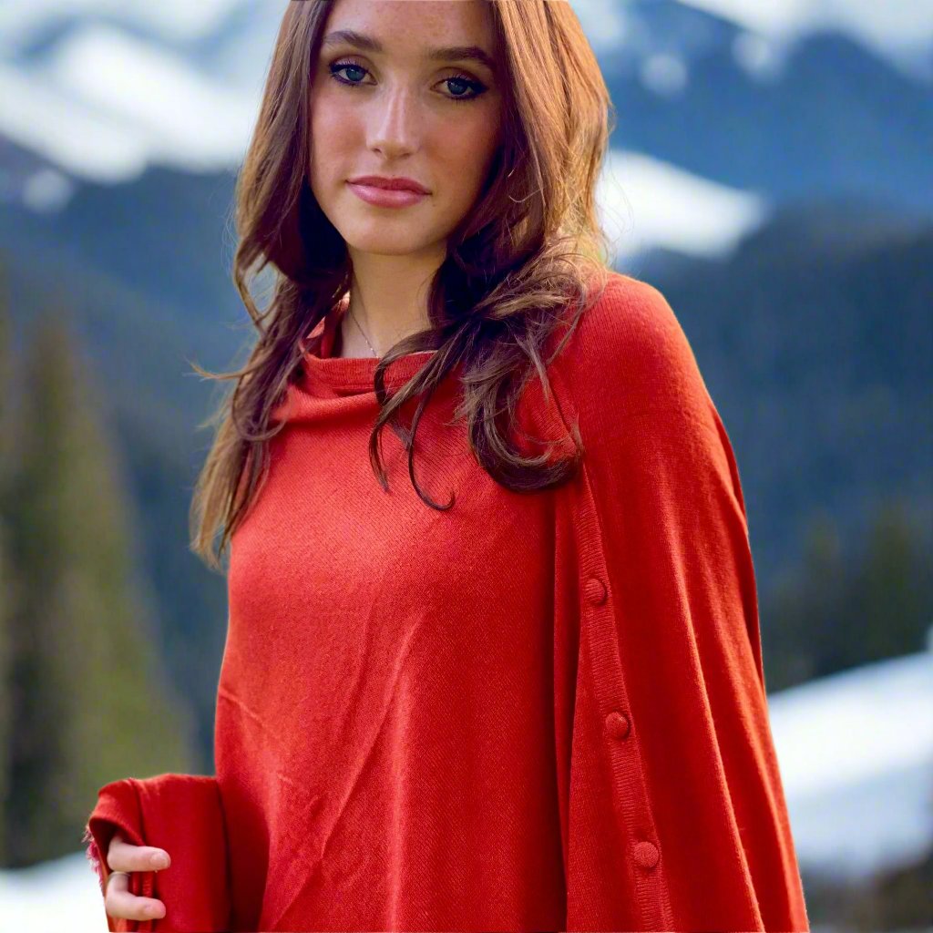 Burnt Orange Cashmere Button Poncho Signature Cashmere