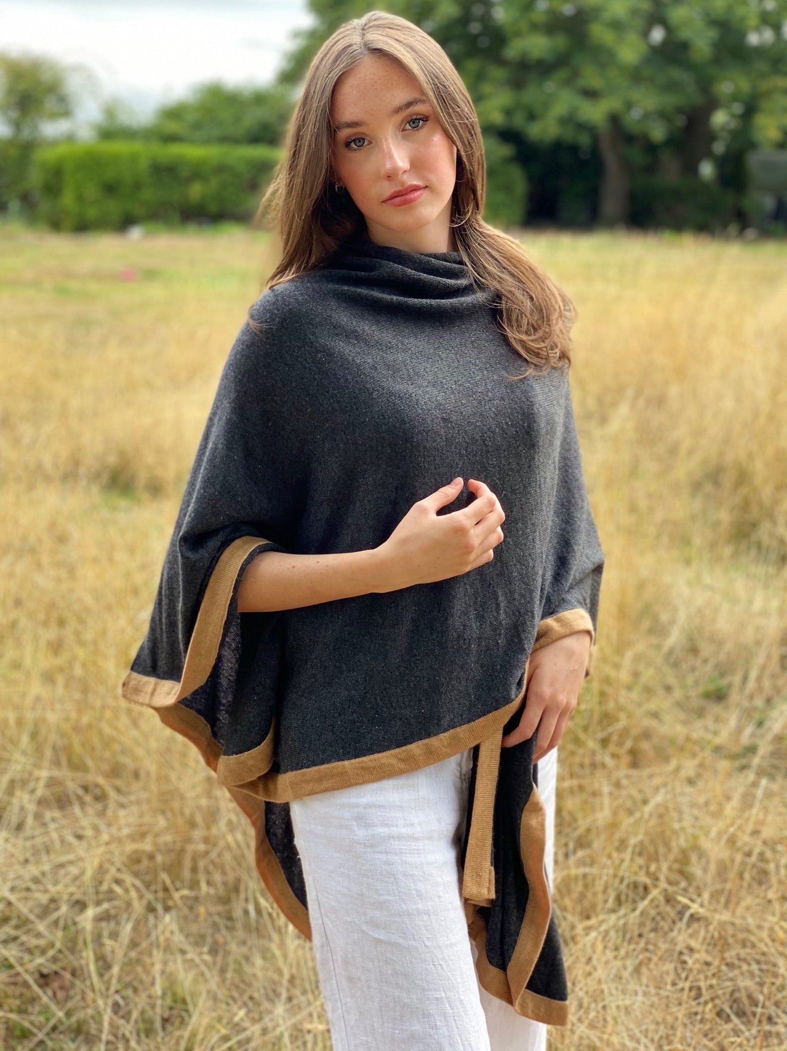 Charcoal Grey & Camel Trim Luxury Cashmere Cape Signature Cashmere