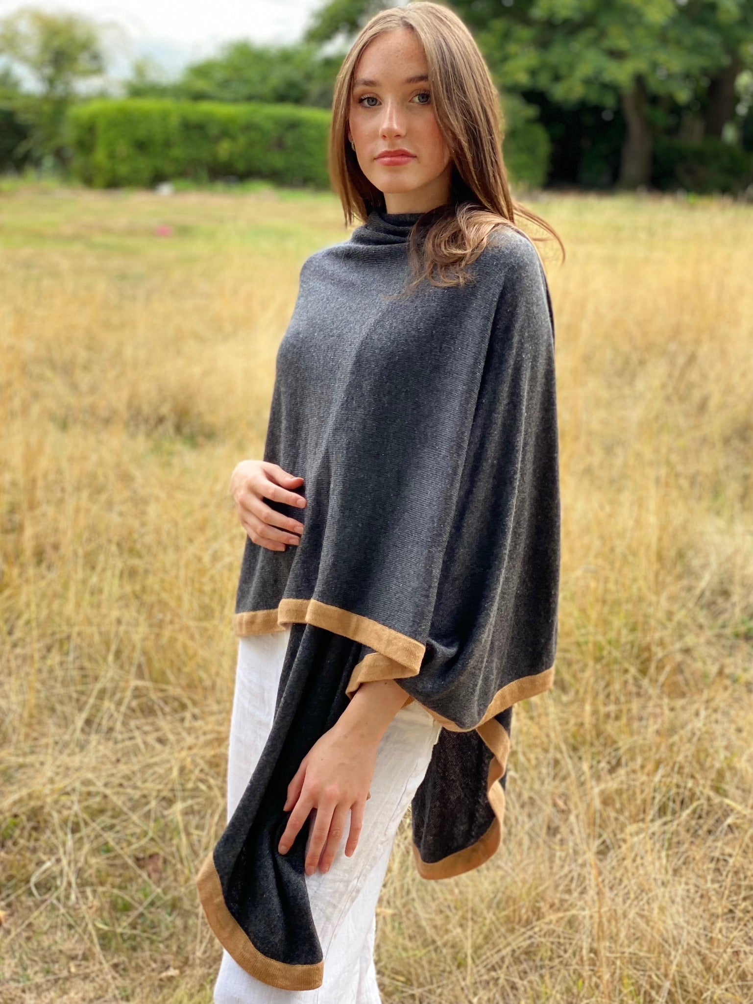 Charcoal Grey & Camel Trim Luxury Cashmere Cape Signature Cashmere