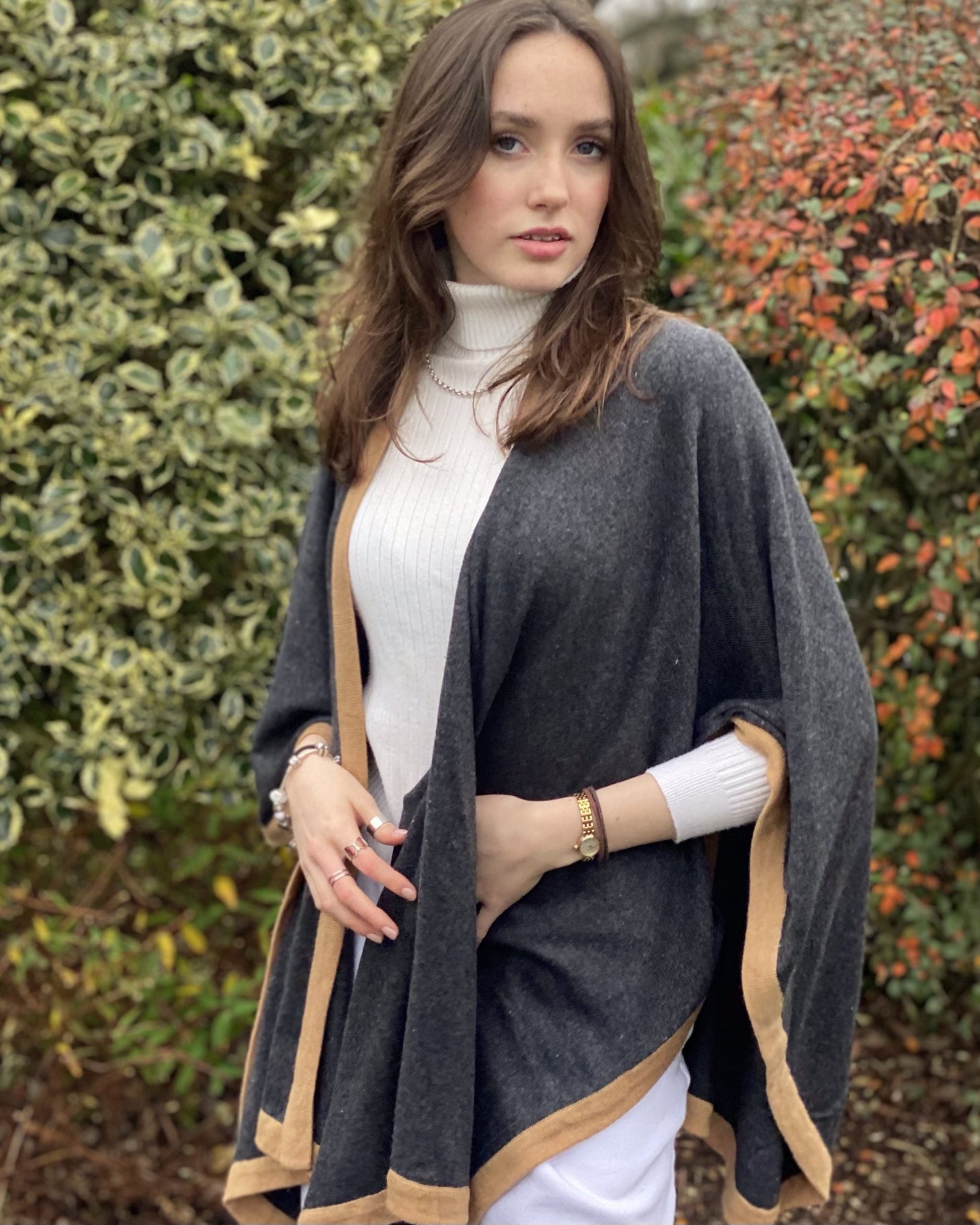 Charcoal Grey & Camel Trim Luxury Cashmere Cape Signature Cashmere