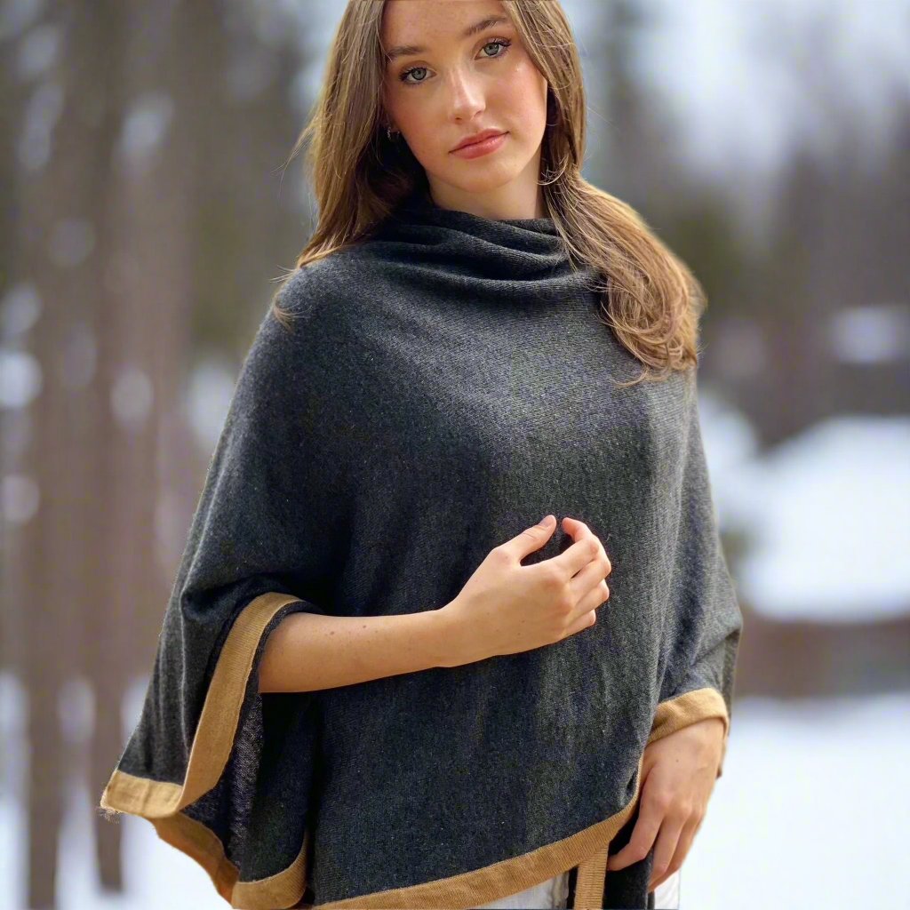 Charcoal Grey & Camel Trim Luxury Cashmere Cape Signature Cashmere