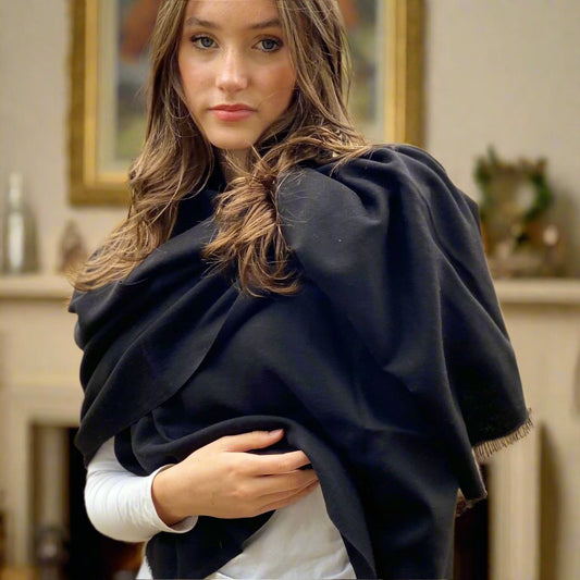 Ebony Black Pashmina - Cut Fringe Signature Cashmere