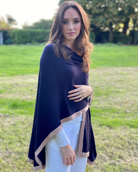 Midnight Blue & Tapioca Trim Luxury Cashmere Cape Signature Cashmere
