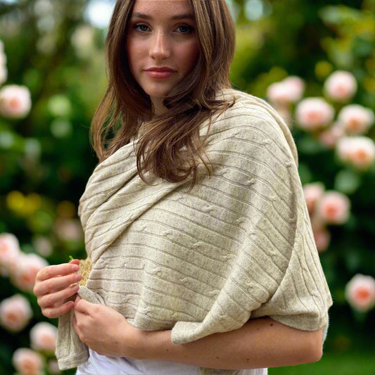 Natural Cream Cable Knit Pashmina Signature Cashmere