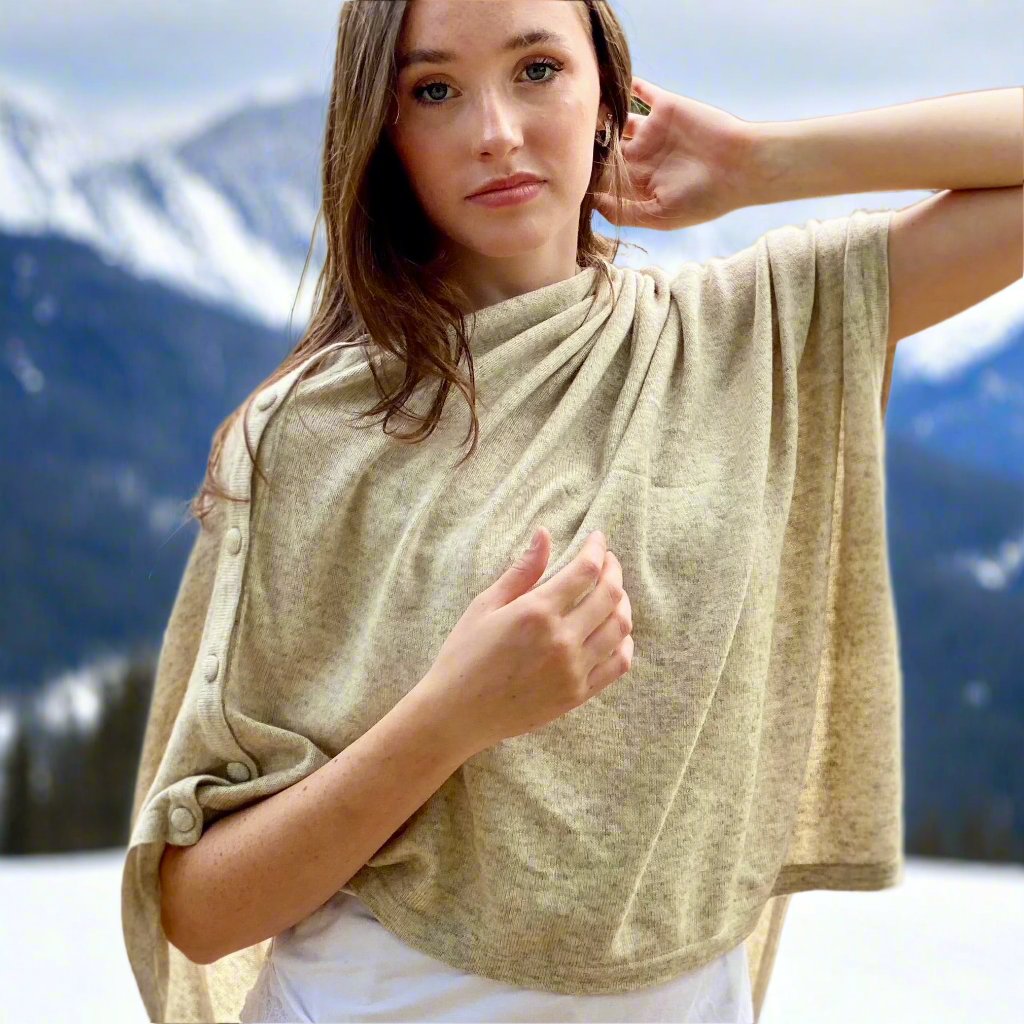 Natural Cream Cashmere Button Poncho Signature Cashmere