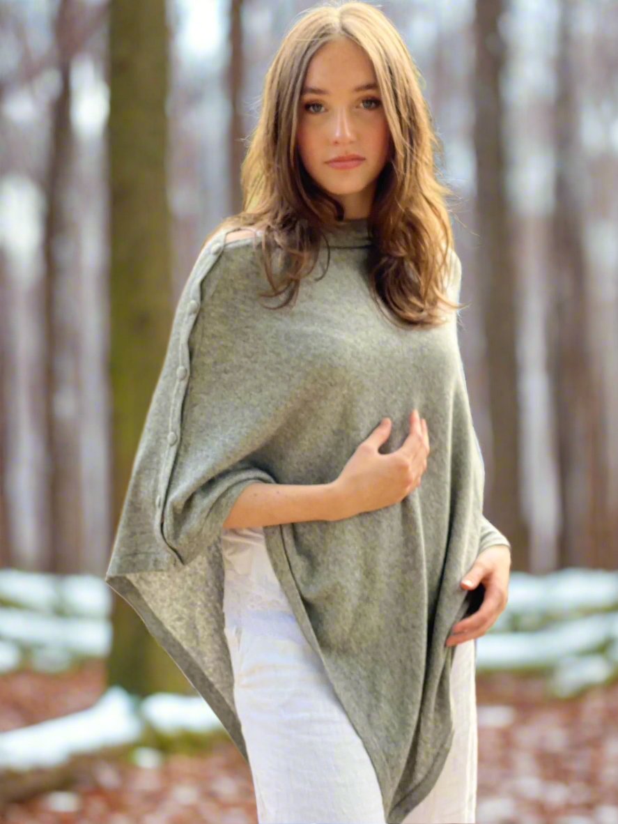 Storm Grey Cashmere Button Poncho Signature Cashmere