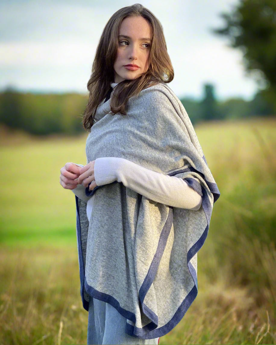 Storm Grey & Navy Trim Luxury Cashmere Cape Signature Cashmere