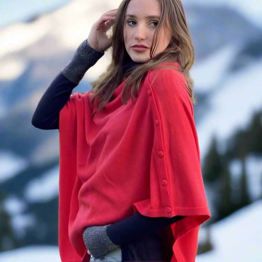 Warm Red Cashmere Button Poncho Signature Cashmere