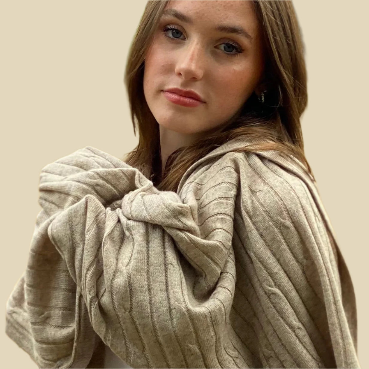 Warm Taupe Cable Knit Pashmina Signature Cashmere