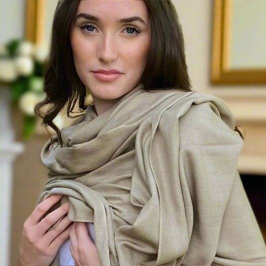 Woodland Taupe Pashmina - Cut Fringe Signature Cashmere
