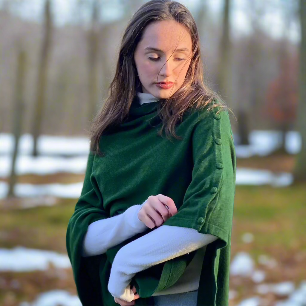 Racing Green Button Cashmere Poncho Signature Cashmere